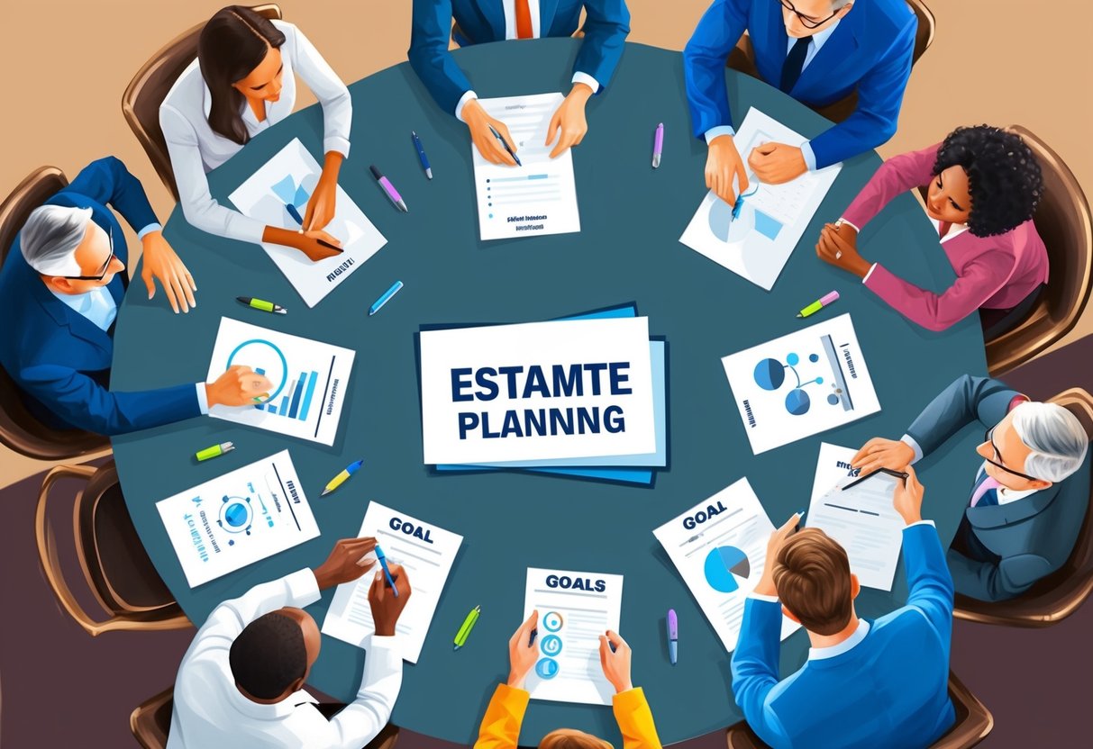 A family sitting around a table, discussing estate planning and philanthropic goals. Papers and pens scattered, with a sense of collaboration and unity