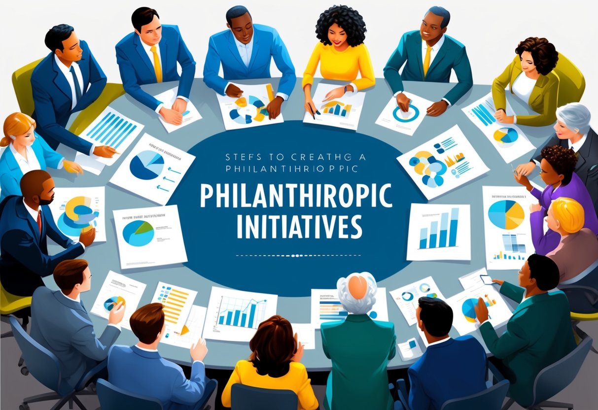 A diverse group of people gather around a table, discussing and planning philanthropic initiatives. Charts and graphs are spread out, reflecting the steps to creating a philanthropic legacy