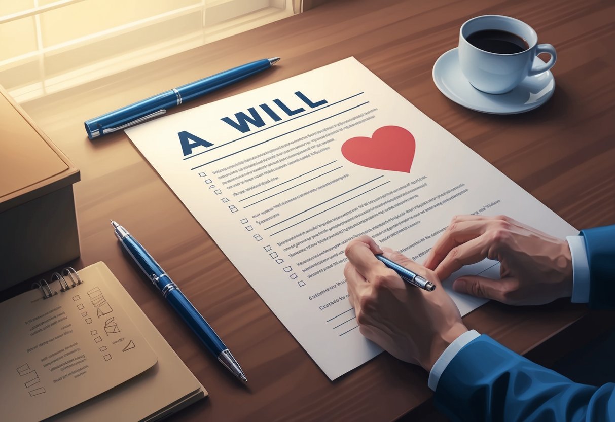 A desk with a pen, paper, and a will document. A heart-shaped symbol representing charity and values. A checklist of 10 steps