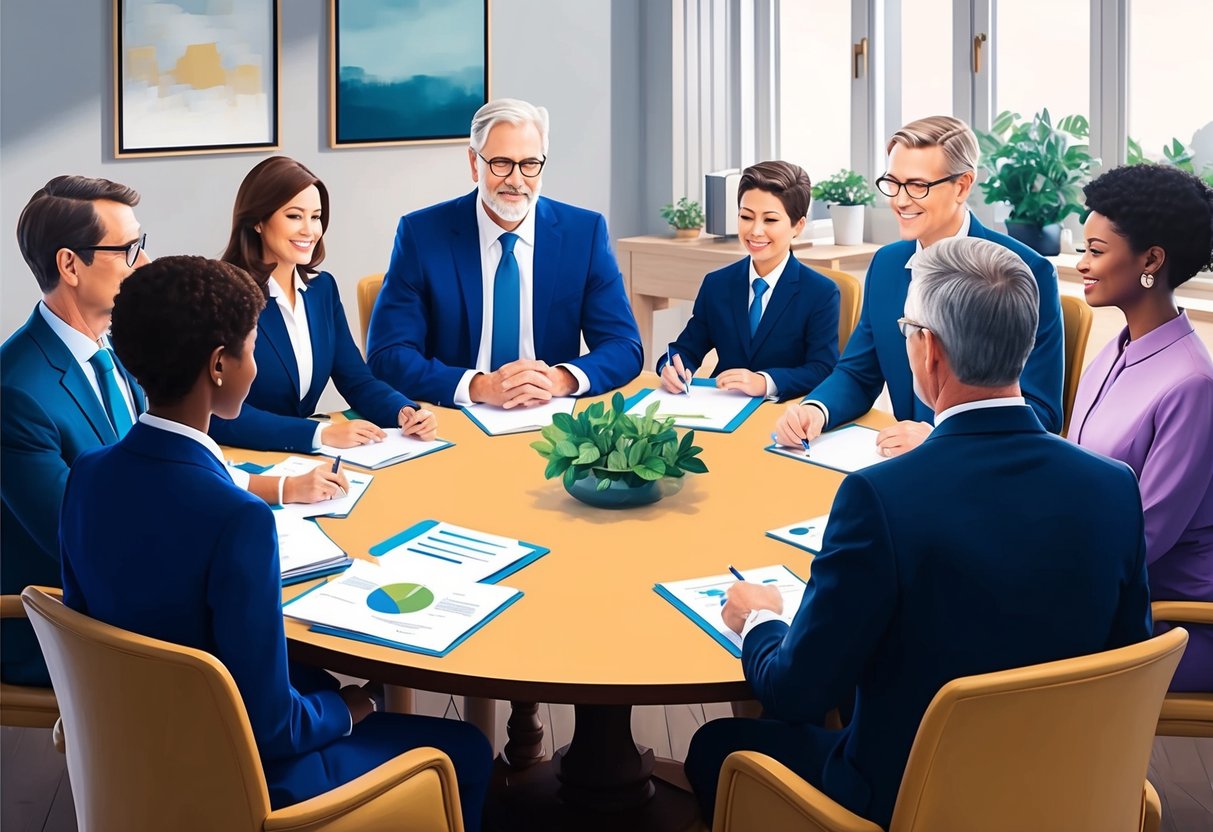 A family seated around a table with legal experts, discussing estate planning and philanthropy. A balance between family support and charitable giving is emphasized
