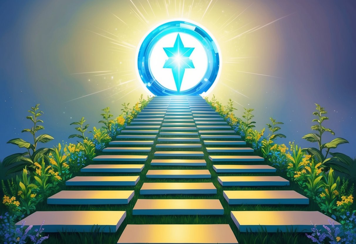 A series of 10 footsteps leading towards a shining, abstract symbol of philanthropy, surrounded by a trail of vibrant, growing plants