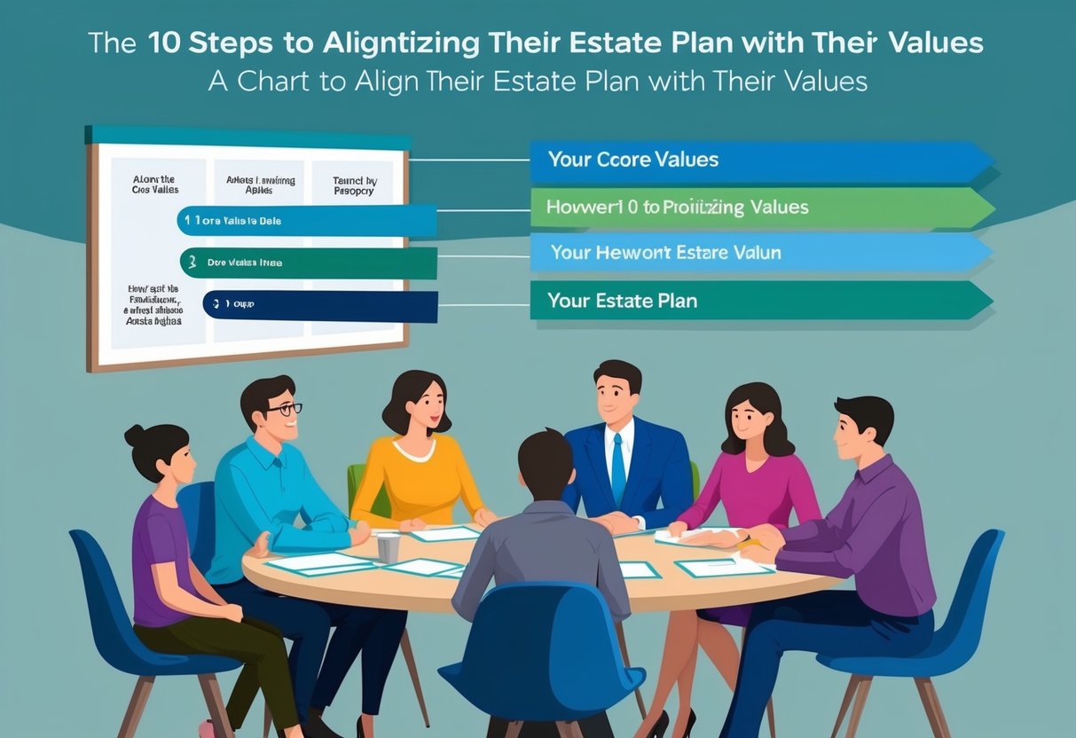 A family sitting around a table, discussing and prioritizing their core values. A chart or diagram showing the 10 steps to align their estate plan with their values