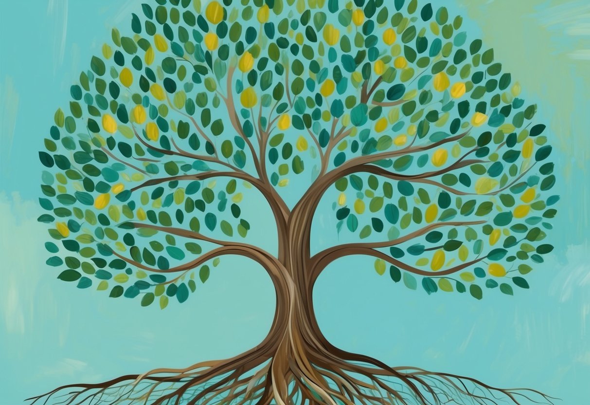 A family tree with roots representing financial support and branches symbolizing philanthropy, balanced and interconnected