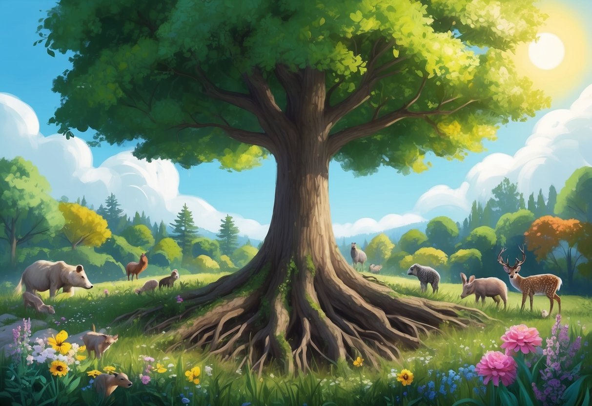 A tree with roots deep in the ground, surrounded by blooming flowers and diverse wildlife, under a bright sun and clear sky