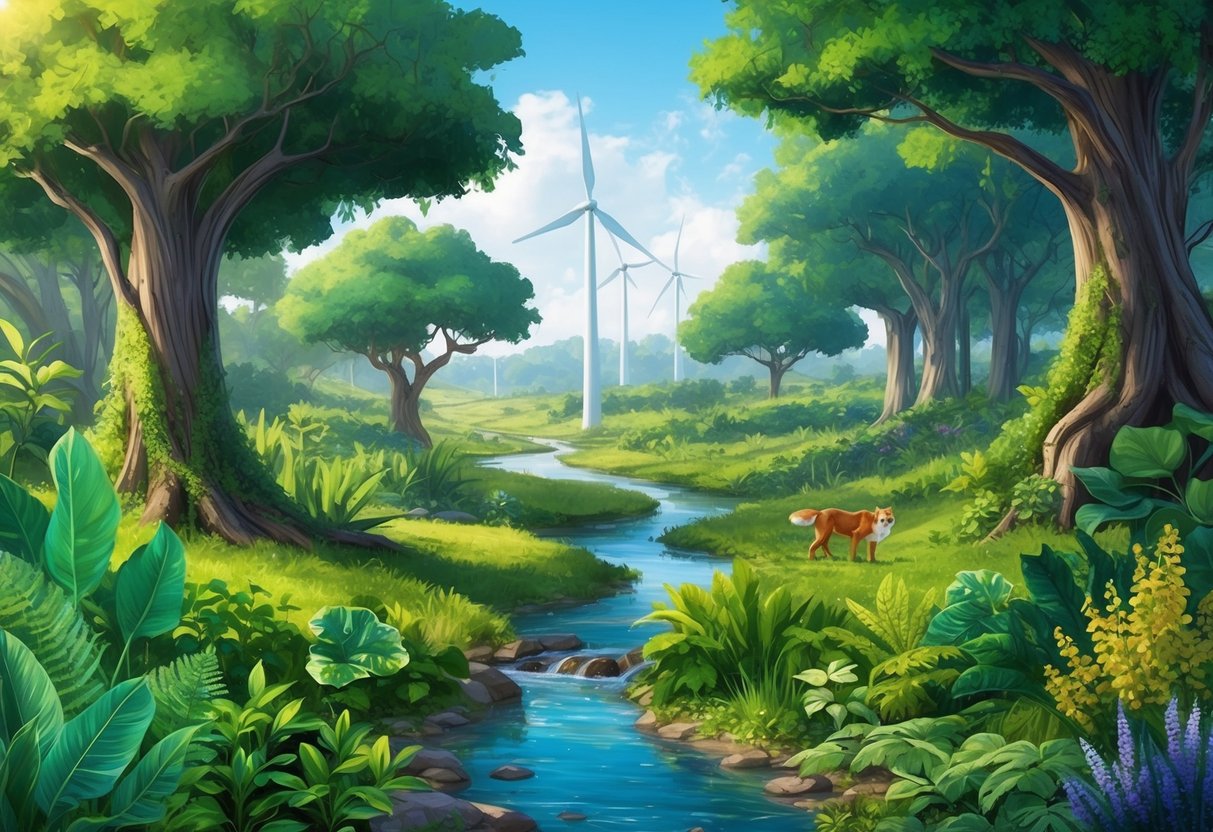 A lush, thriving forest with a clear stream, wind turbines in the distance, and a diverse array of sustainable plants and wildlife
