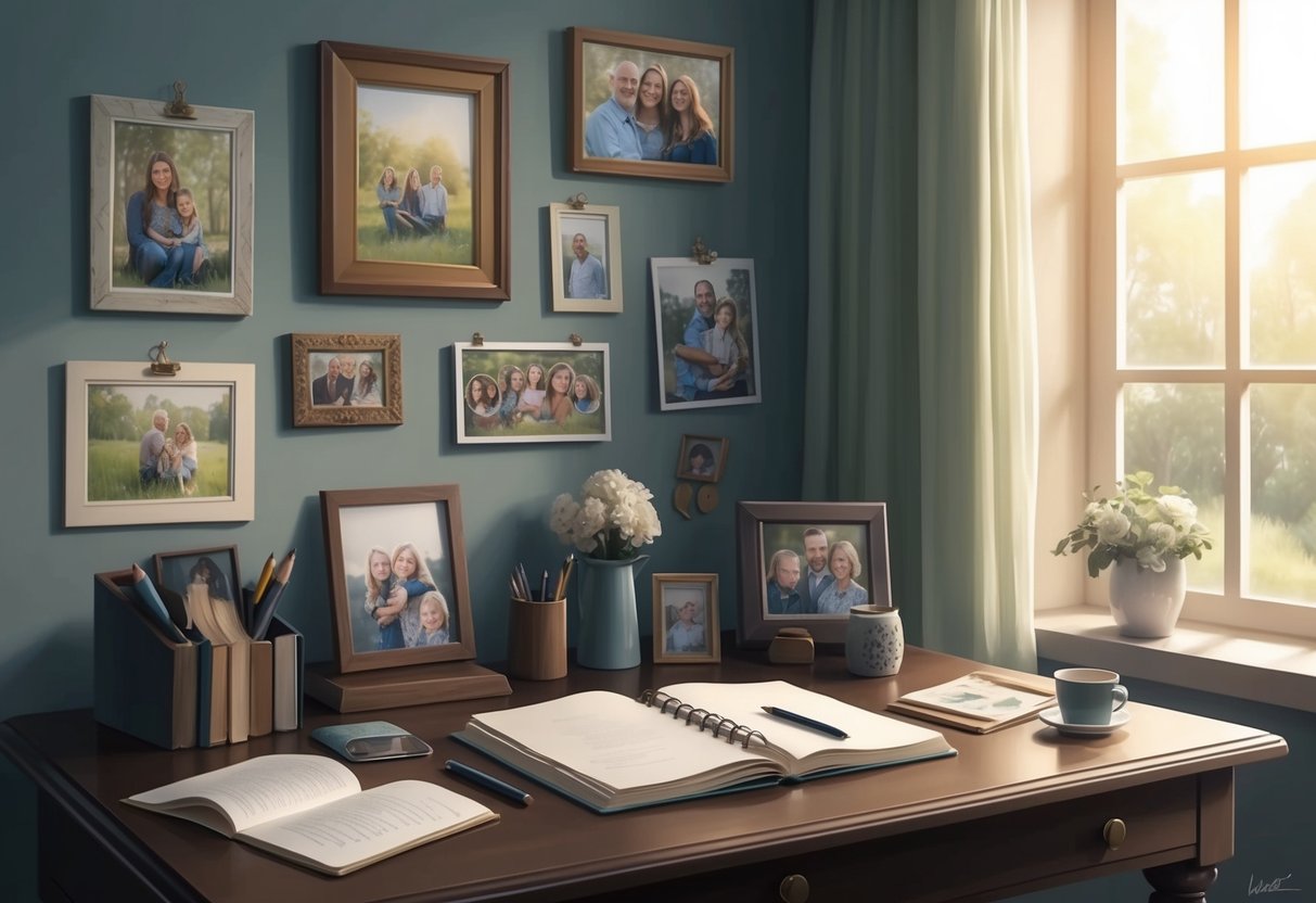 A serene study with a desk, pen, and paper surrounded by family photos and meaningful mementos, bathed in soft natural light from a nearby window