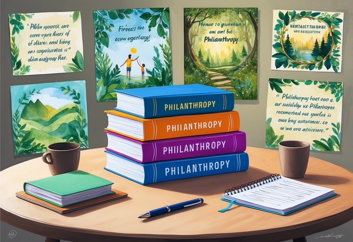 A table with a notebook, pen, and a stack of books on philanthropy, surrounded by nature-themed artwork and inspirational quotes