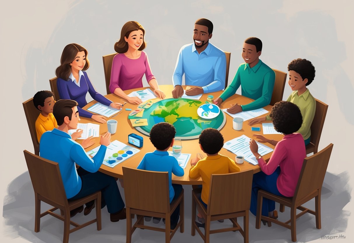 A family gathered around a table, discussing and making decisions together. A balance between family support and philanthropy is symbolized through the presence of both personal and charitable items on the table