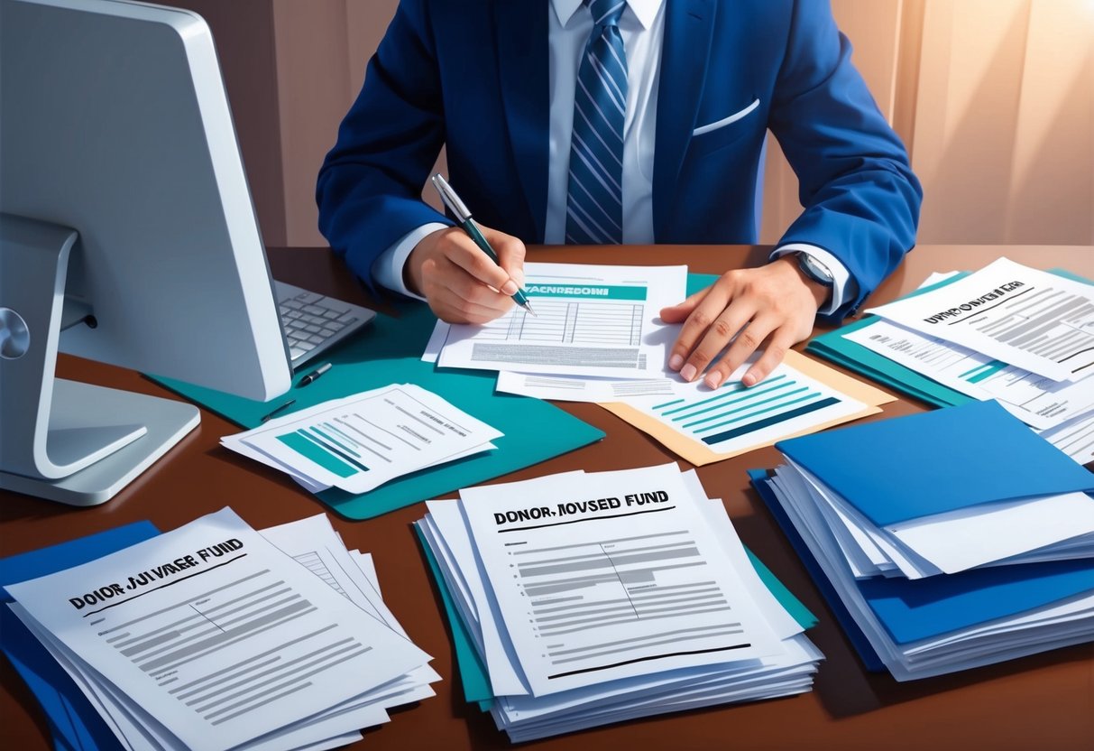 A person seated at a desk, surrounded by paperwork and a computer, with a pen in hand, filling out forms and organizing documents for a donor-advised fund