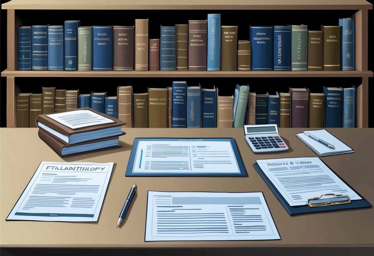 A desk with legal and financial documents spread out, a pen, and a calculator. A bookshelf filled with books on philanthropy and values