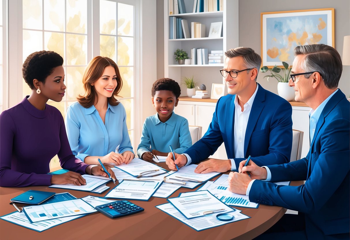 A family sitting around a table with financial documents, discussing estate planning and philanthropy