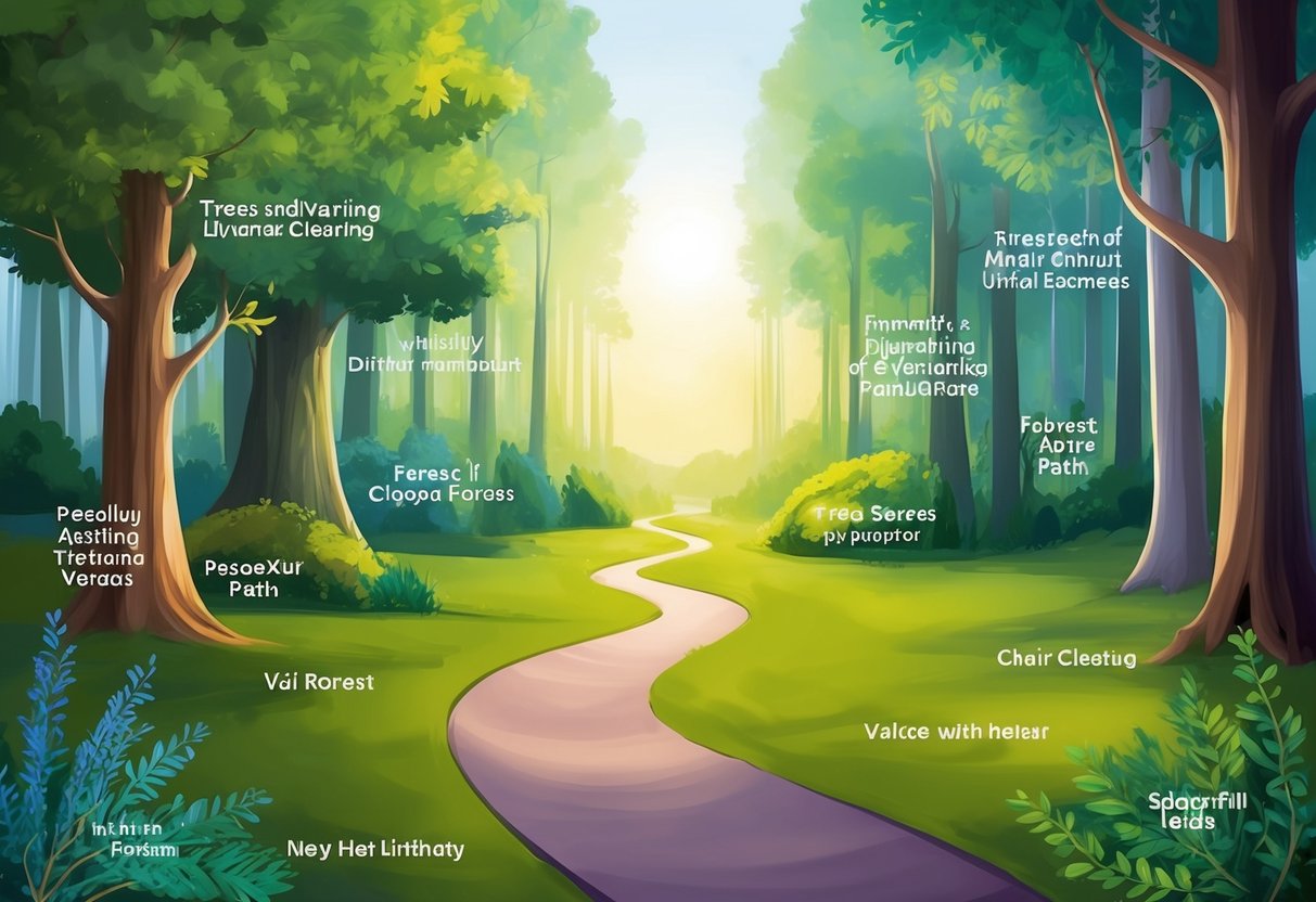 A serene forest with a winding path leading to a peaceful, sunlit clearing. Various trees and plants symbolizing different values line the path