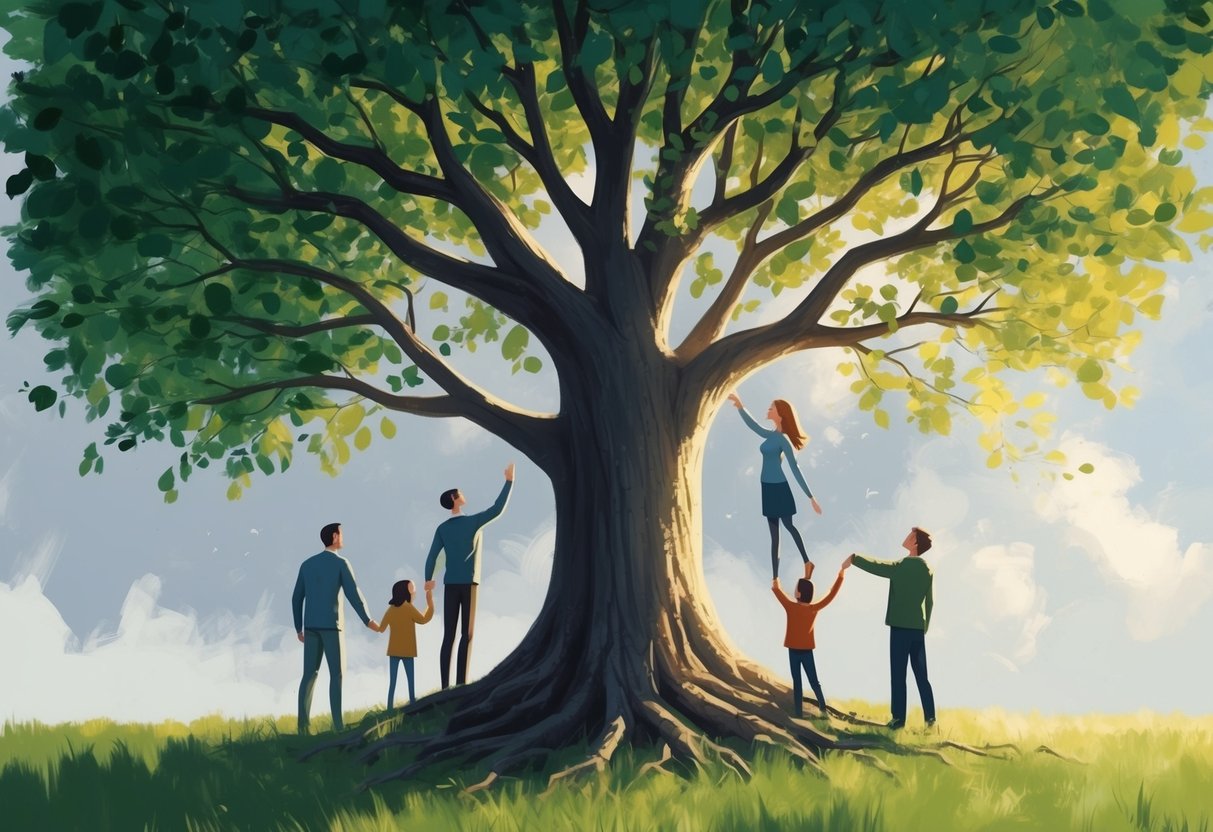 A family tree with roots firmly planted in the ground, while branches reach out to support and uplift others