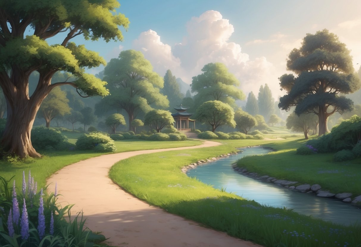 A serene landscape with a winding path leading to a peaceful garden, surrounded by trees and a gentle stream, evoking a sense of harmony and ethical alignment