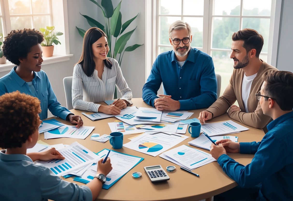 A family sitting around a table, discussing finances and future plans. Papers and documents spread out, with a sense of collaboration and unity