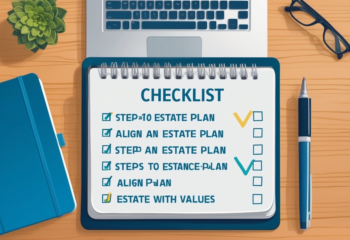 A desk with a laptop, notebook, and pen. A checklist of 10 steps to align an estate plan with values, with some steps checked off