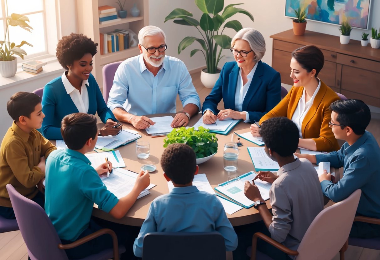 A family gathered around a table, discussing estate plans and philanthropy. A mix of generations and diverse individuals, engaged in conversation and collaboration