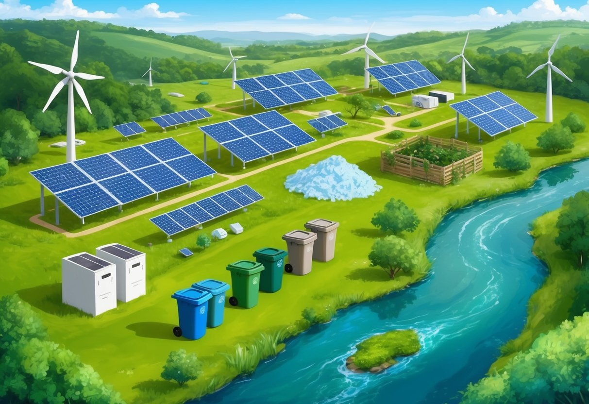 A lush green landscape with solar panels, wind turbines, recycling bins, and a composting area, all surrounded by a clean and flowing river