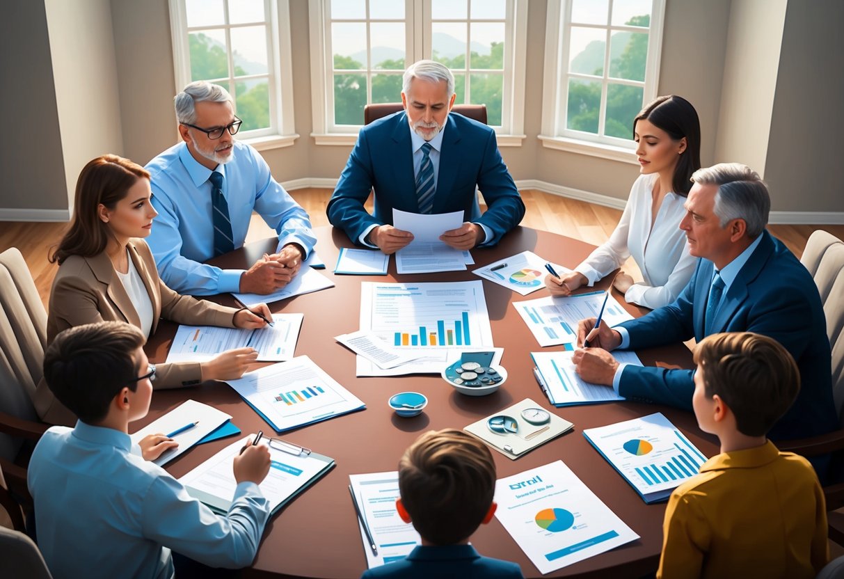 A family sitting around a large table, discussing and planning their estate with documents and financial papers spread out in front of them