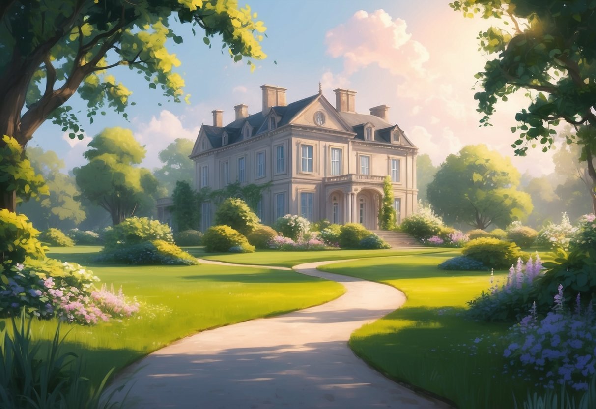 A serene garden with a winding path leading to a grand, stately mansion surrounded by lush greenery and blooming flowers. A peaceful and harmonious atmosphere radiates from the scene