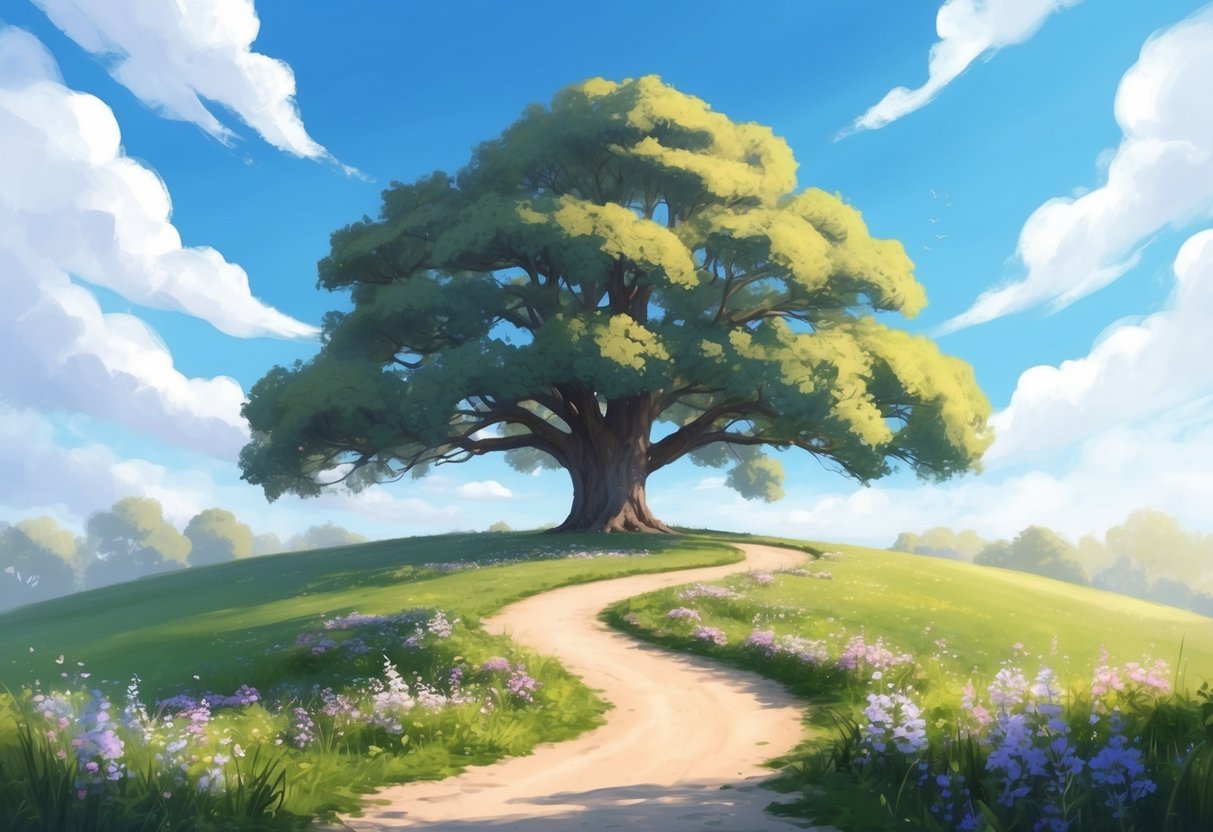 A serene landscape with a winding path leading to a grand oak tree, surrounded by blooming flowers and a clear blue sky overhead