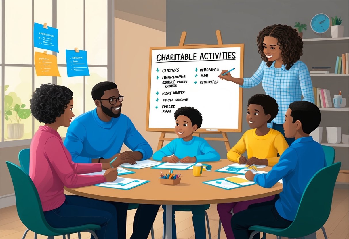 A family sitting around a table, discussing and planning charitable activities. A whiteboard with bullet points and ideas is visible in the background