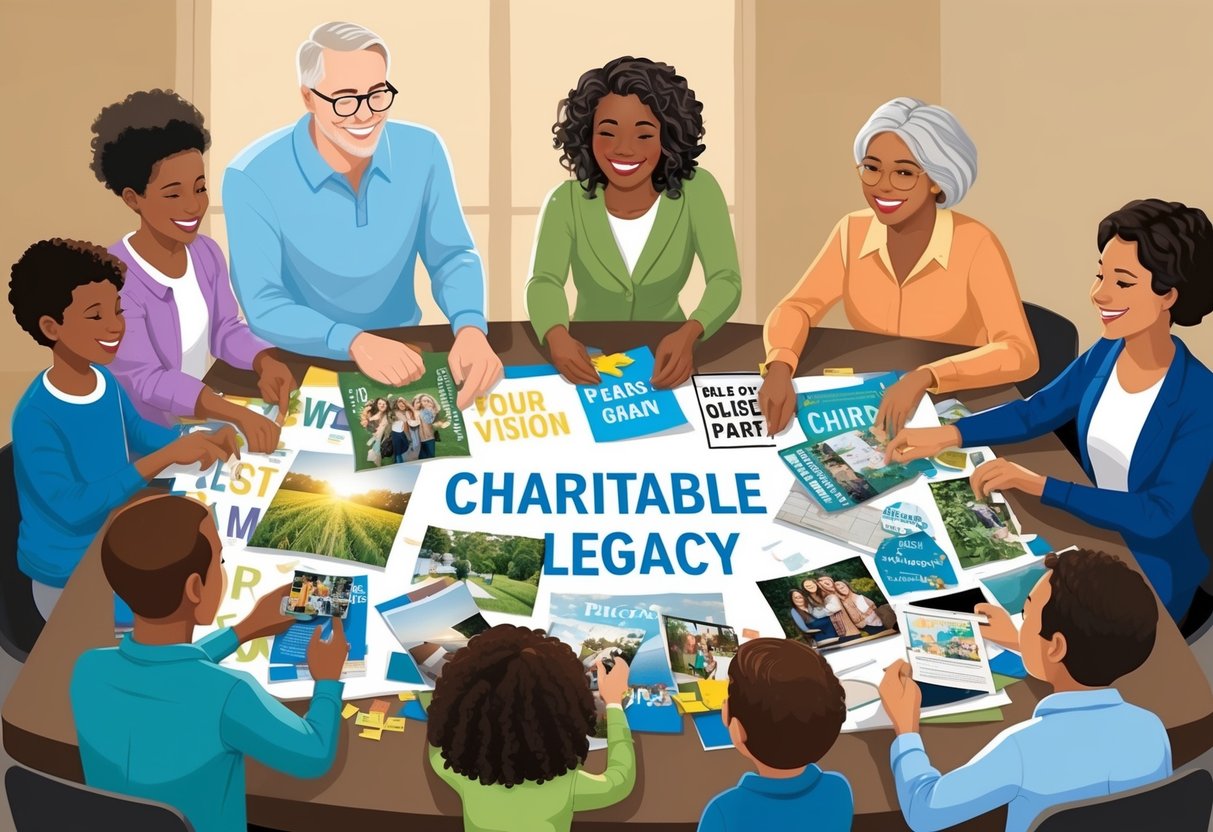 A family gathered around a table, cutting out images and words from magazines and pasting them onto a large vision board. They are smiling and discussing their charitable legacy plans