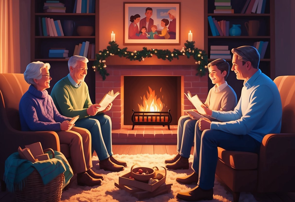 A family sitting around a cozy fireplace, sharing stories and memories of past charitable acts. A warm and inviting atmosphere with a sense of togetherness and reflection