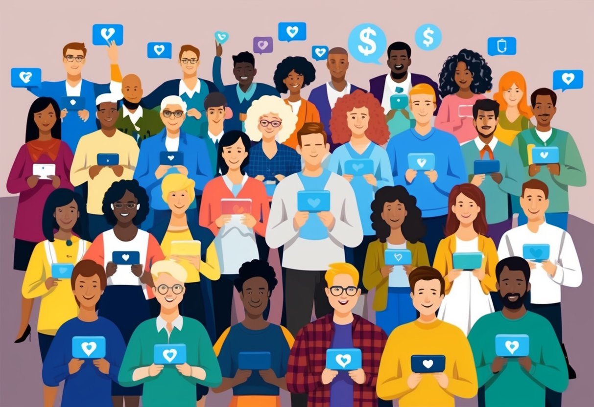 A diverse group of people donating to various causes using digital platforms