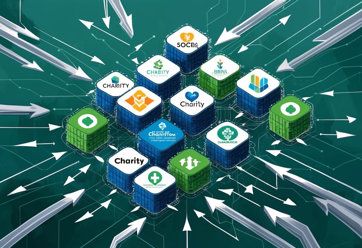 A network of interconnected blocks with various charity logos, surrounded by arrows and symbols representing the future trends of blockchain donations