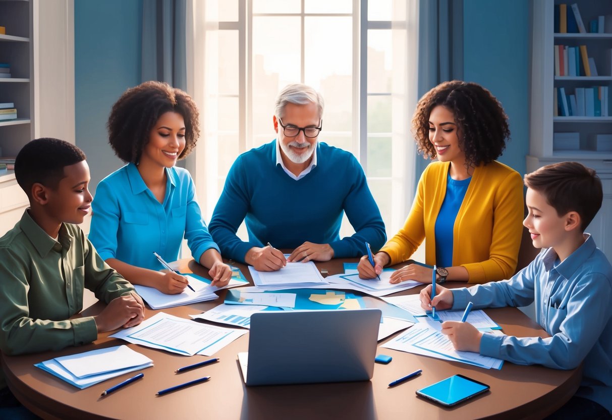 A family sits around a table, discussing and planning charitable giving. They are engaged and collaborative, with papers, pens, and a laptop spread out in front of them