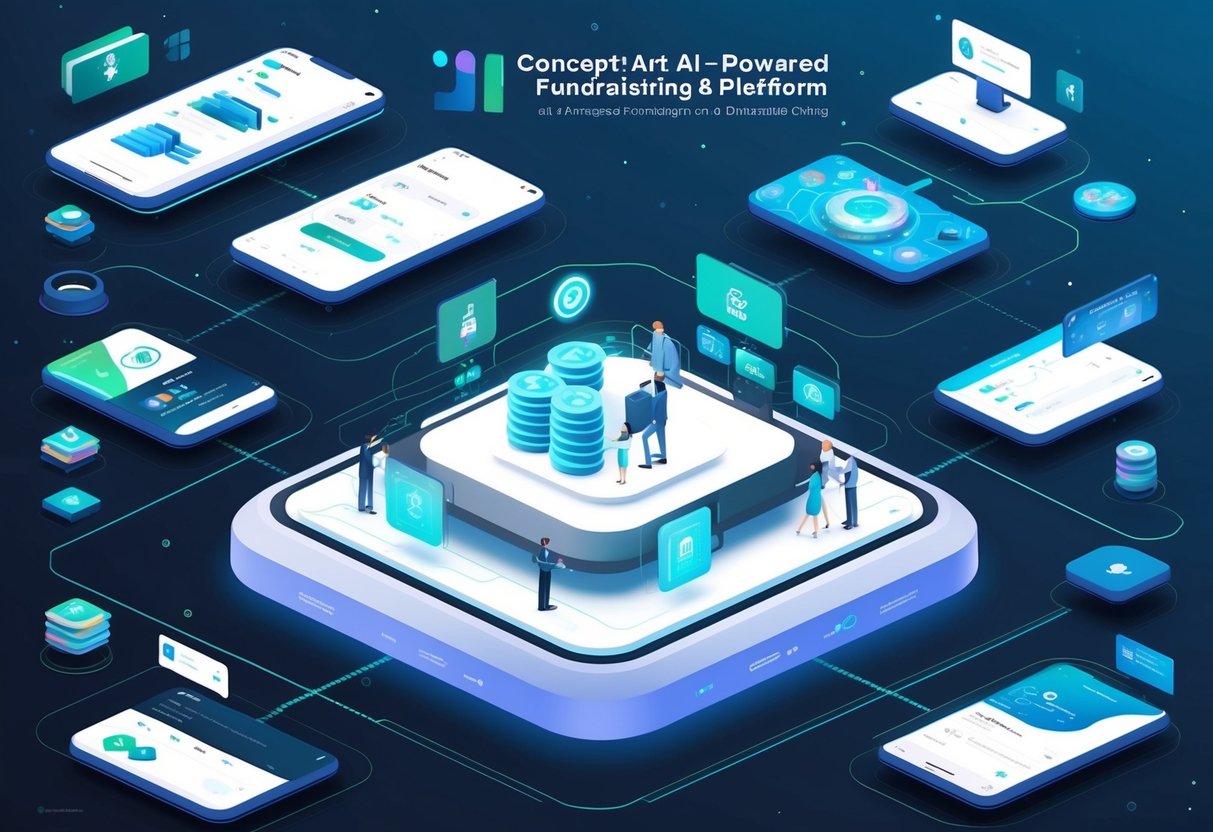 A futuristic, AI-powered fundraising platform with various donation channels and interactive interfaces, showcasing the integration of technology and charitable giving