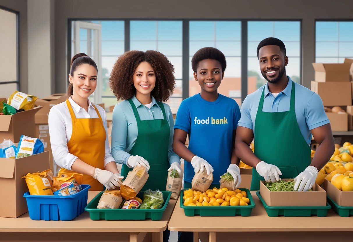 A family of four volunteers at a local food bank, sorting and packing donations. They smile and work together, creating a sense of unity and purpose