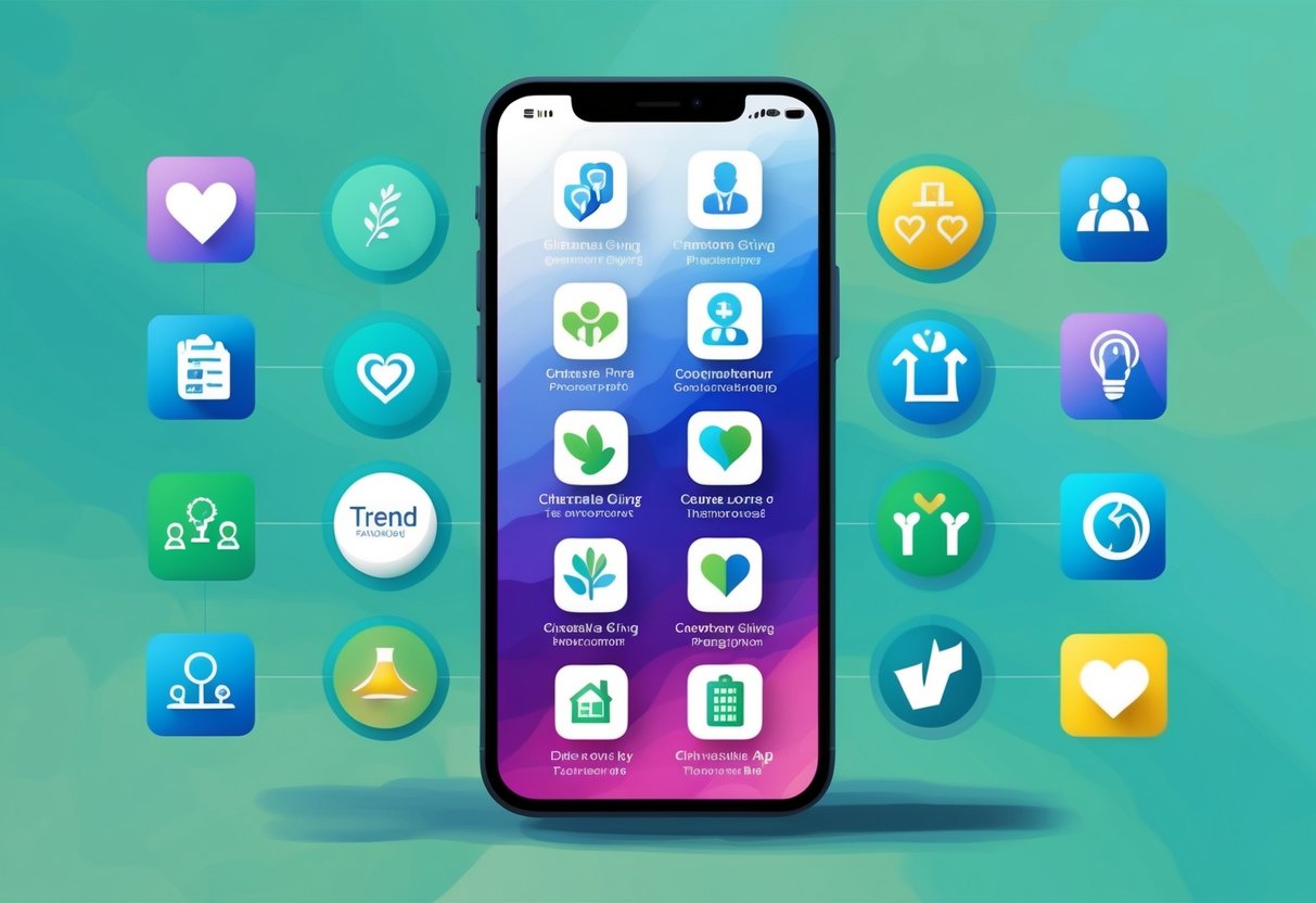 A smartphone displaying various charitable giving app icons with trend-related symbols surrounding it