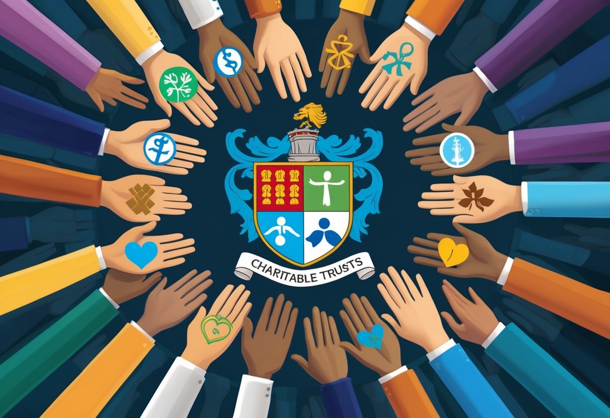 A family crest surrounded by a circle of hands, each holding a different symbol representing giving back and charitable trusts