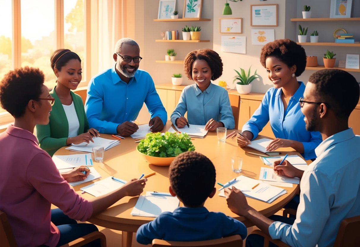 A family gathered around a table, discussing and planning charitable legacy ideas together. A warm and inviting atmosphere with a sense of unity and collaboration