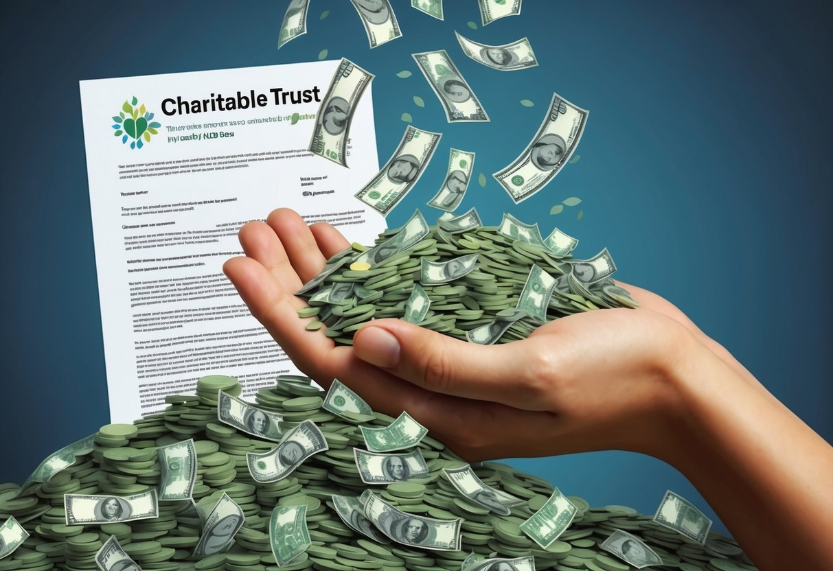 A pile of money pouring into a large, open hand with a charitable trust document in the background