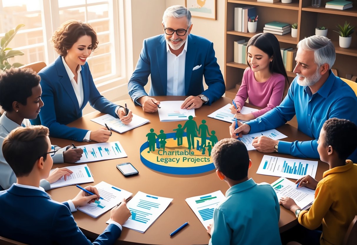A family sitting around a table, discussing and planning charitable legacy projects, with papers, pens, and a sense of collaboration and unity