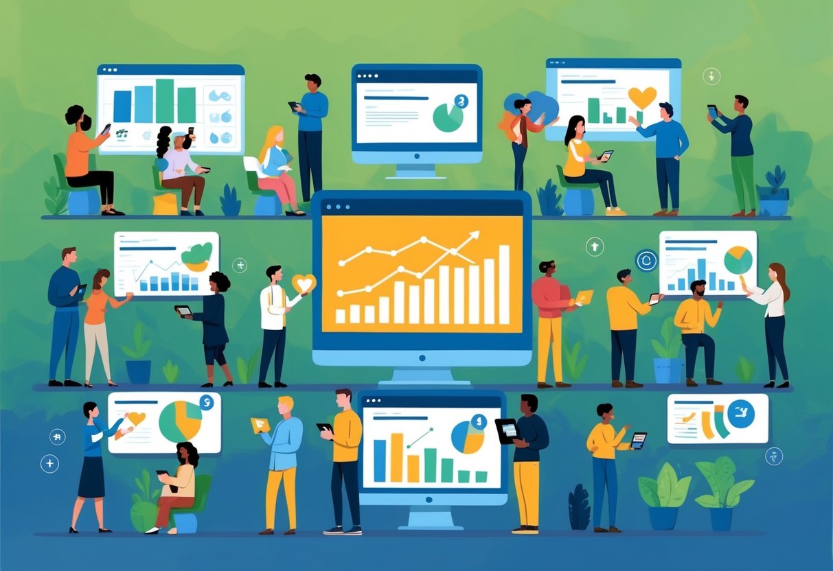 A diverse group of people donating to various causes using digital devices. Graphs and charts show the impact of their contributions