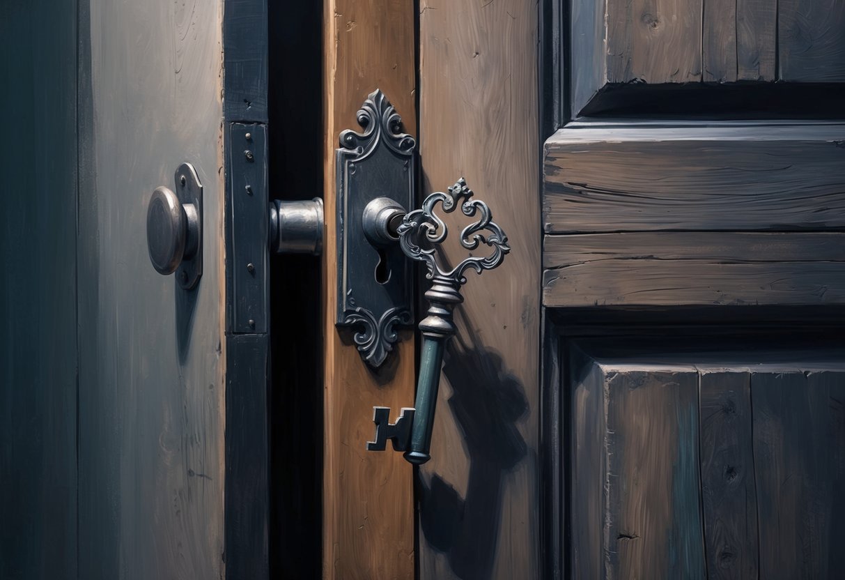 A large, ornate key turning in a lock on a heavy, ancient-looking wooden door