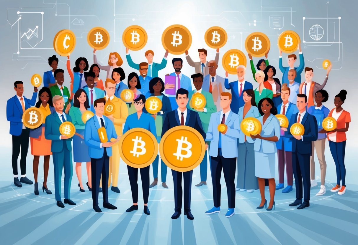 A diverse group of people donating cryptocurrency to various charitable causes, with futuristic technology and symbols of giving
