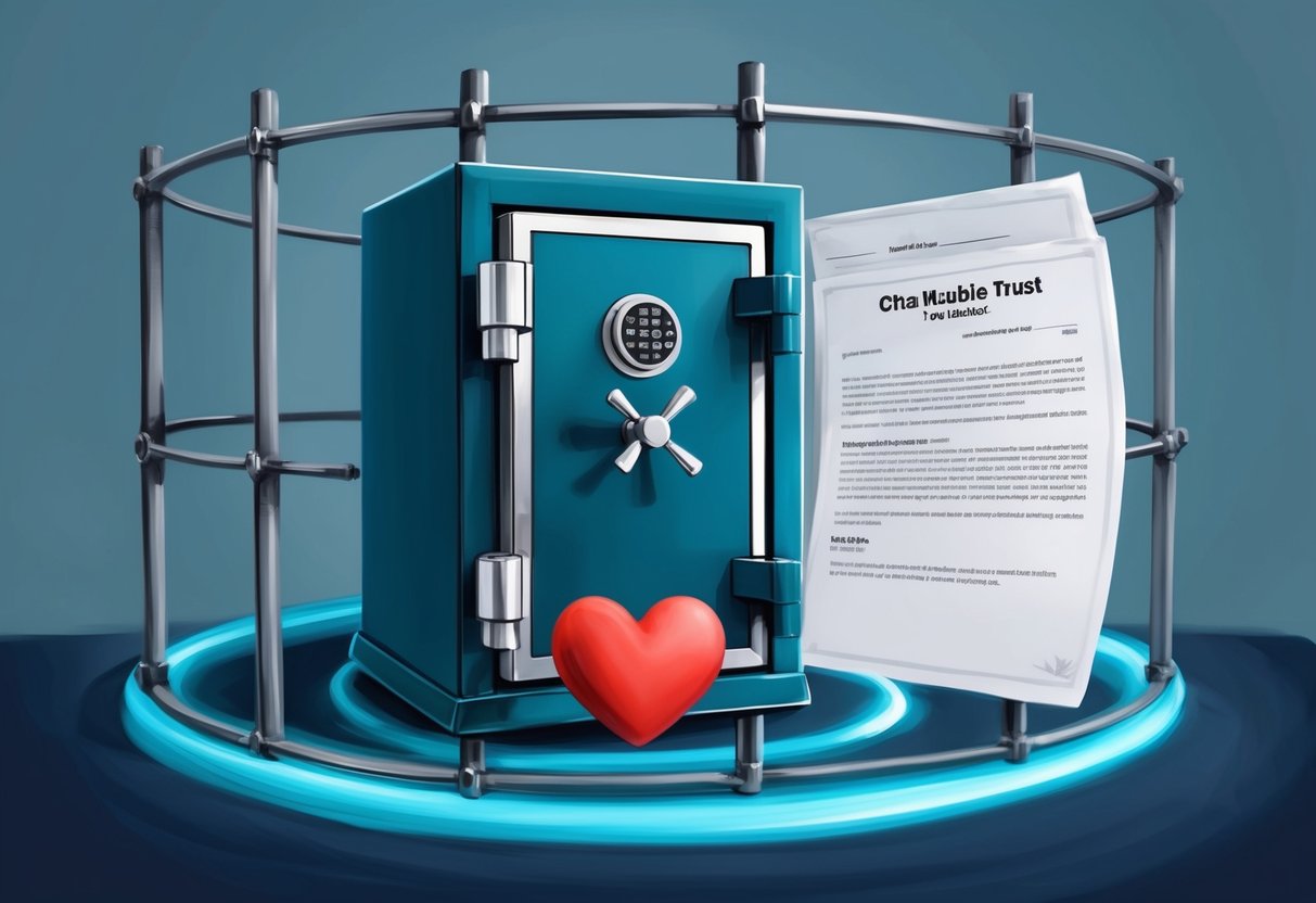 A sturdy safe surrounded by a protective barrier, with a charitable trust document and a heart symbolizing giving back