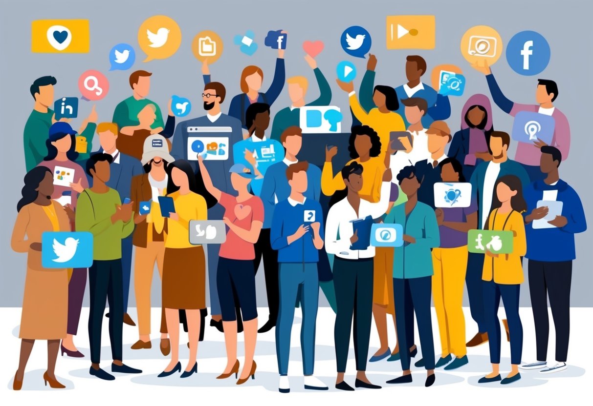 A diverse group of people engaging with social media platforms, sharing and donating to various charitable causes