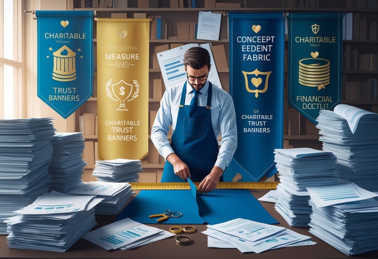 A tailor measures and cuts fabric for charitable trust banners, surrounded by stacks of papers and financial documents