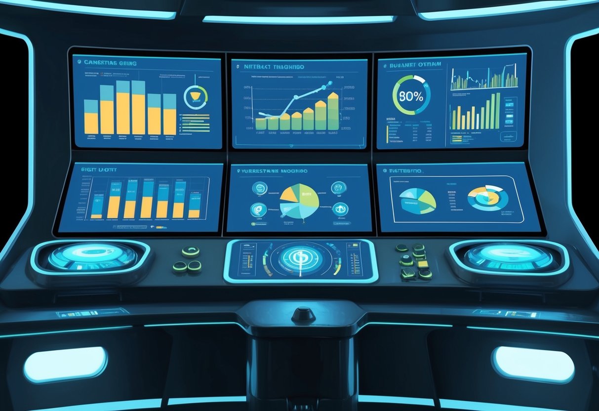 A futuristic, high-tech control panel with various graphs, charts, and data visualizations displaying the trends and impact-tracking tools of charitable giving