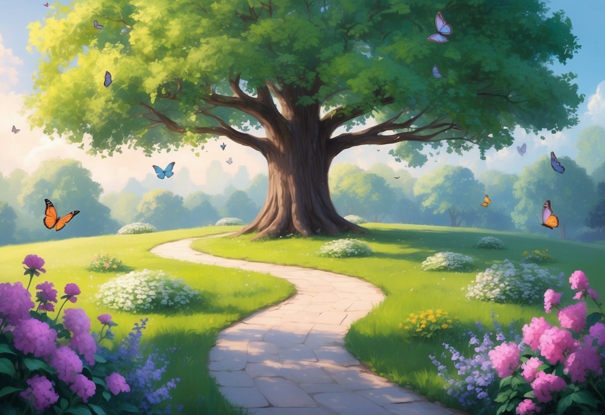 A serene garden with a winding path leading to a grand oak tree, surrounded by blooming flowers and fluttering butterflies