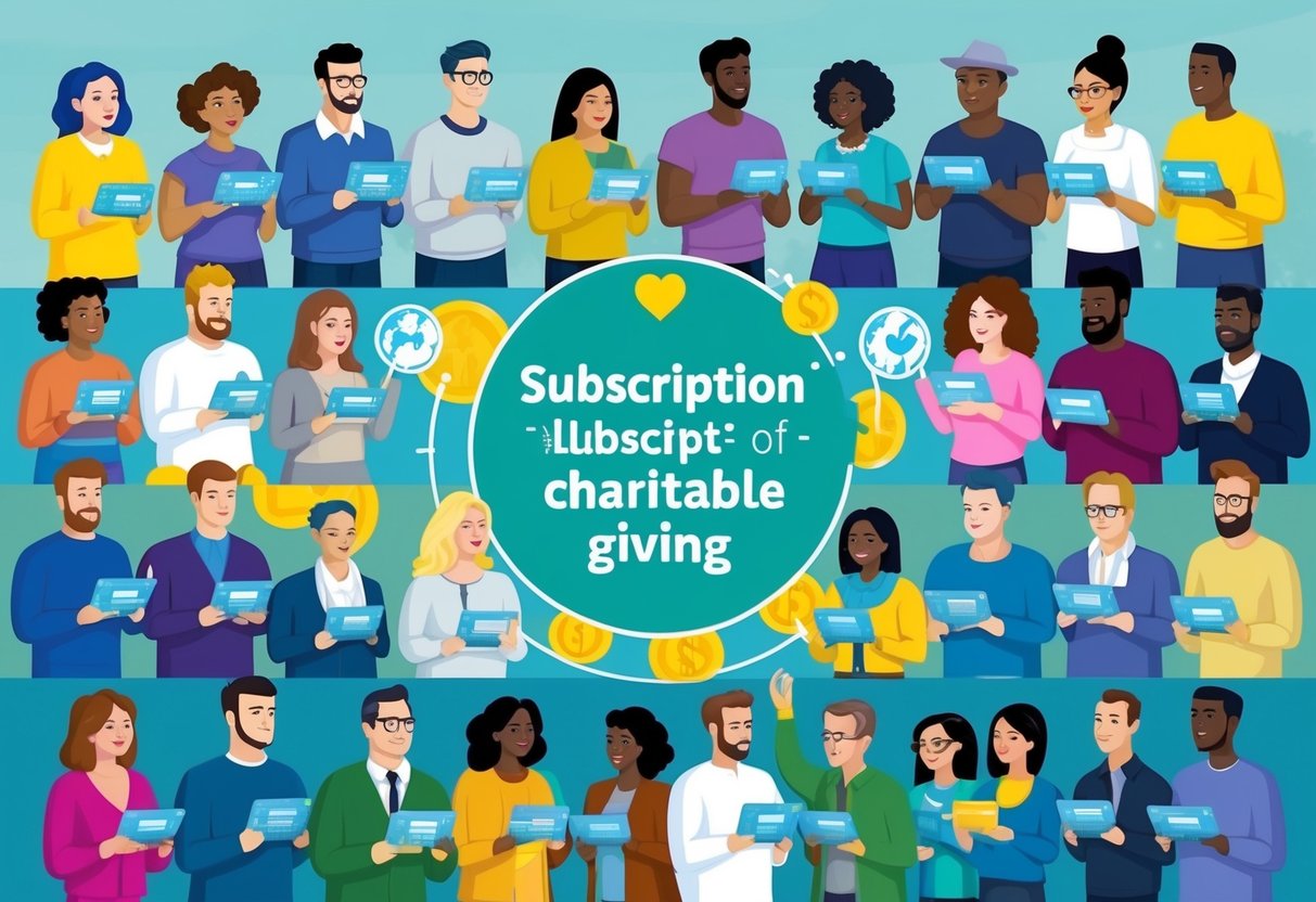 A diverse group of people donating to various charitable causes through digital platforms, representing the modern trend of subscription-based models in charitable giving