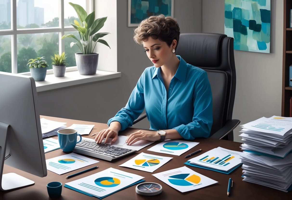 A person sitting at a desk, surrounded by papers and a computer, carefully researching and comparing different charities for their legacy plan