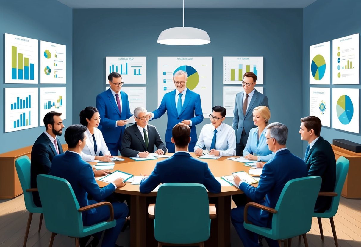 A group of professionals gathered around a table, discussing and planning charitable trust activities. Charts and graphs are displayed on the walls