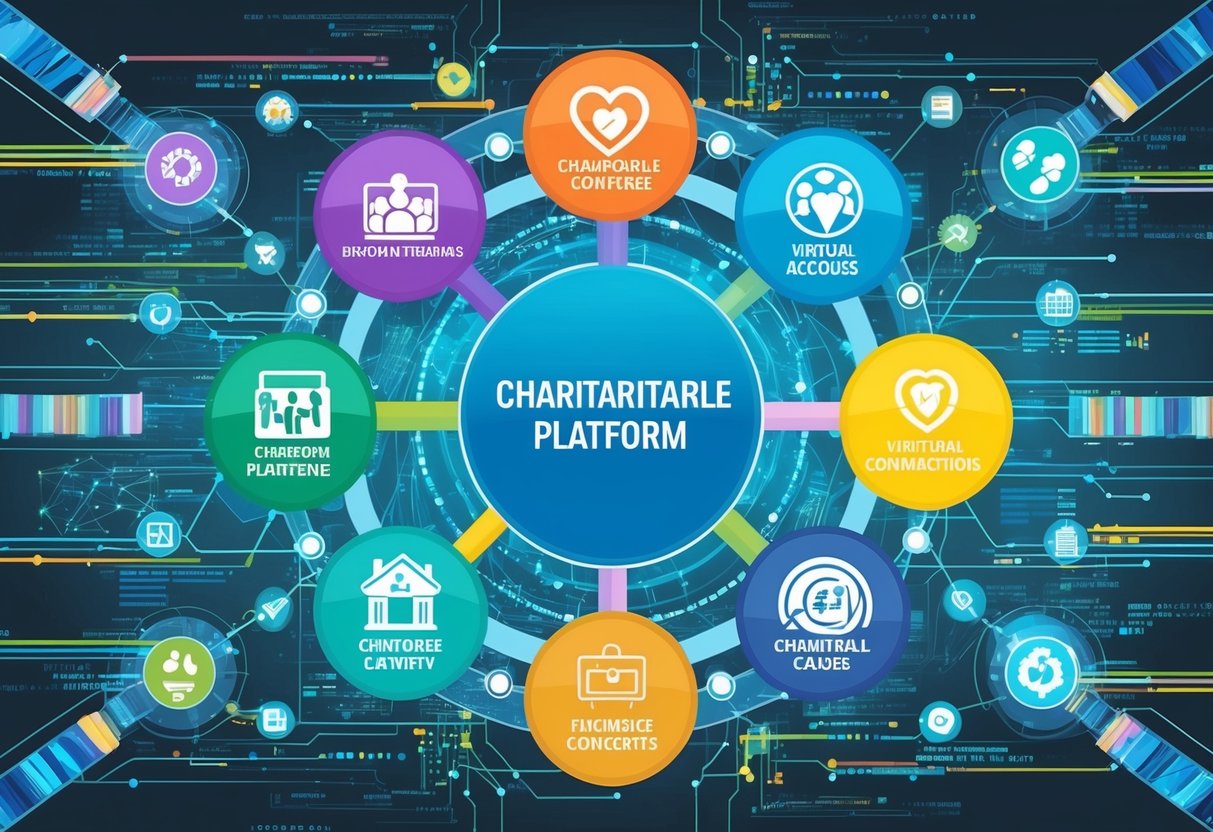 A group of interconnected digital platforms with various icons representing different charitable causes, surrounded by data streams and virtual connections